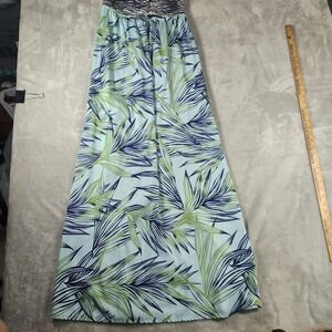 Roxy Tropical Leaf Strapless Maxi Dress M Blue Green Boho Beach‎ Sundress